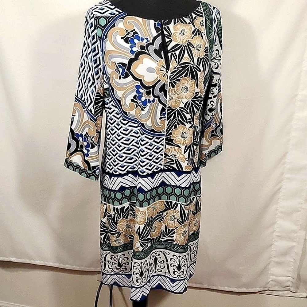 Hale Bob Classic Floral Blue Tan Dress Size Medium M NWTG